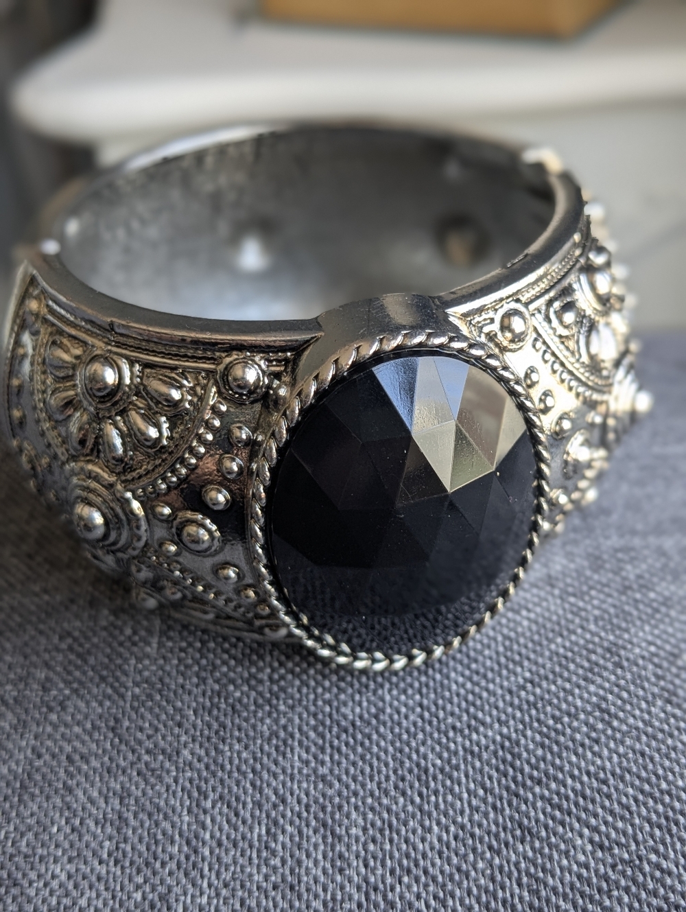 Boho Silver Tone and Black Clamper Statement Bracelet